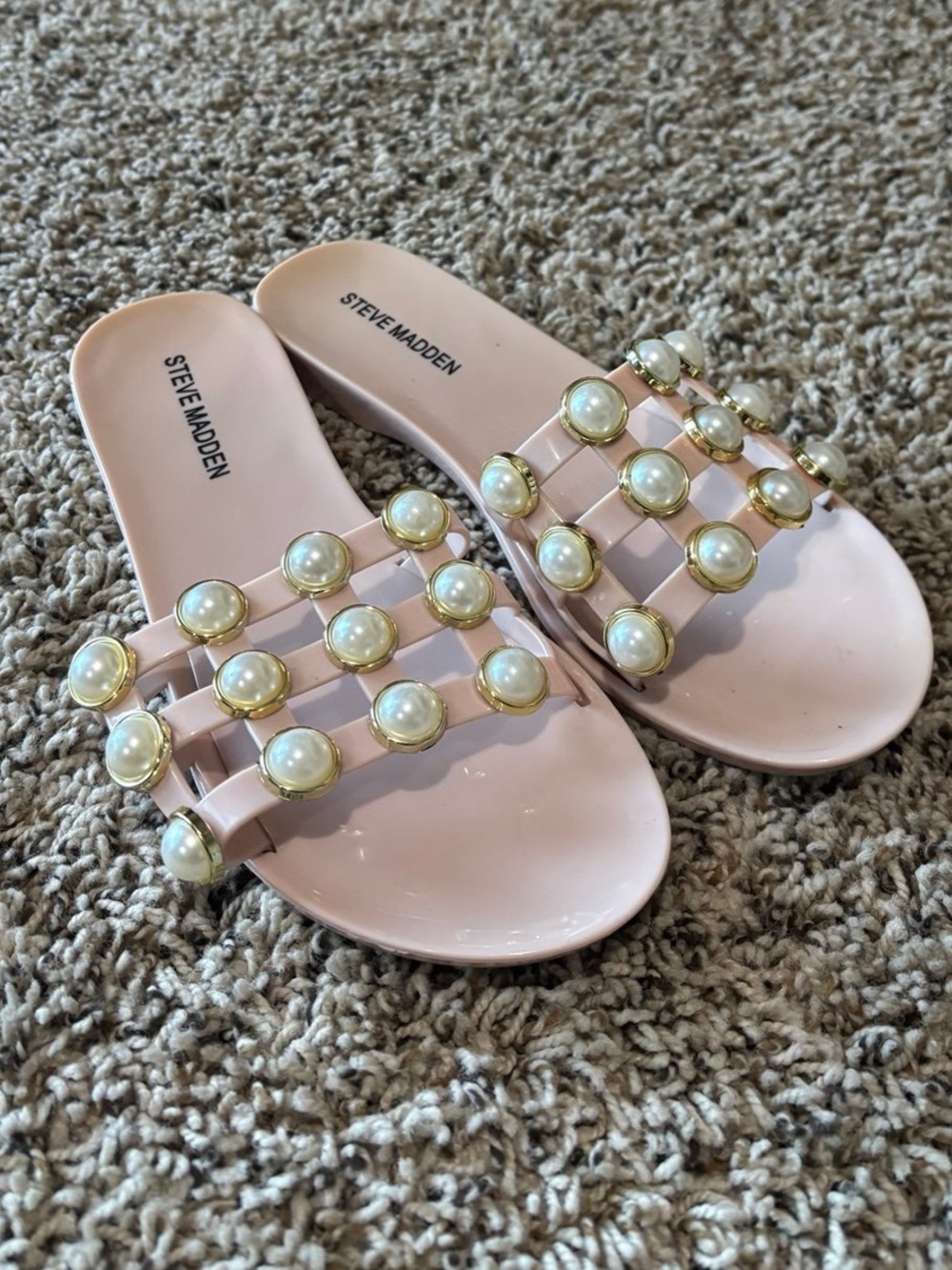 Steve Madden Pink Pearl-Embellished Slide Sandals